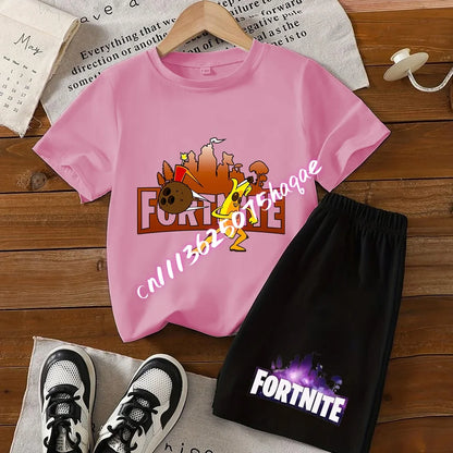 Conjunto de T-shirt e calções Fortnite Series para criança, top e calças inspirados em jogo popular, outfit de verão para casa, confortável e adorável, presente de aniversário