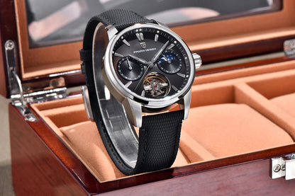 PAGANI DESIGN – Luxusné mechanické pánske hodinky, 41 mm, zafírové sklo, kožený remienok, vodotesné, v štýle pilotných hodín, s tourbillonom a fázou mesiaca