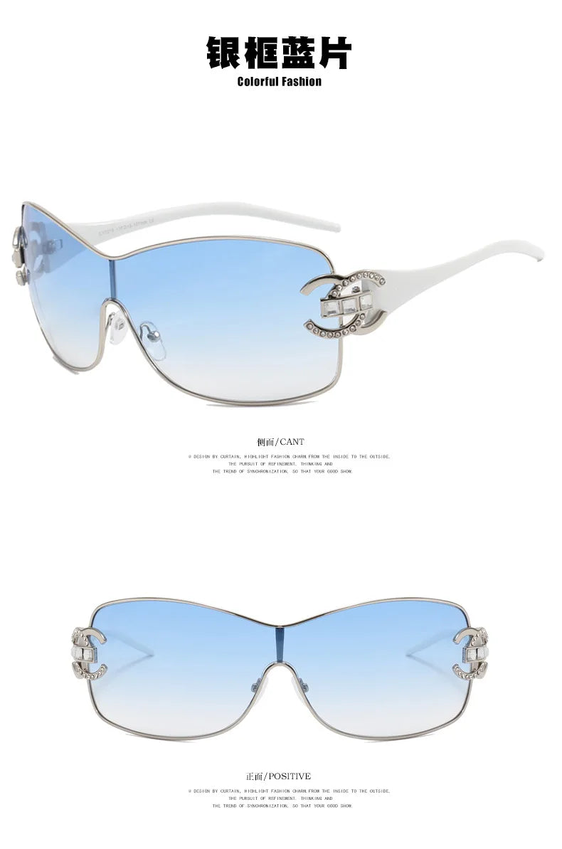 Luxury Rhinestone Punk Oversized One - Piece Frame Y2K Women's Sunglasses Trendy Brand Summer Men Sunglass Travel  Eyewear UV400