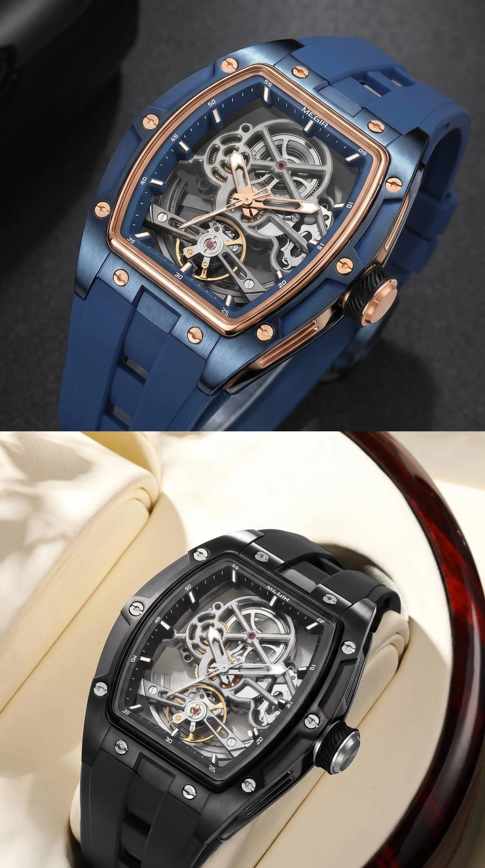 MEGIR men’s mechanical watch, tonneau shape, open-worked skeletonised dial, sporty style, silicone strap, luxury automatic watch