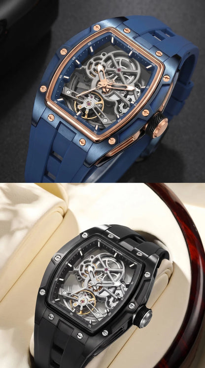 MEGIR men’s mechanical watch, tonneau shape, open-worked skeletonised dial, sporty style, silicone strap, luxury automatic watch