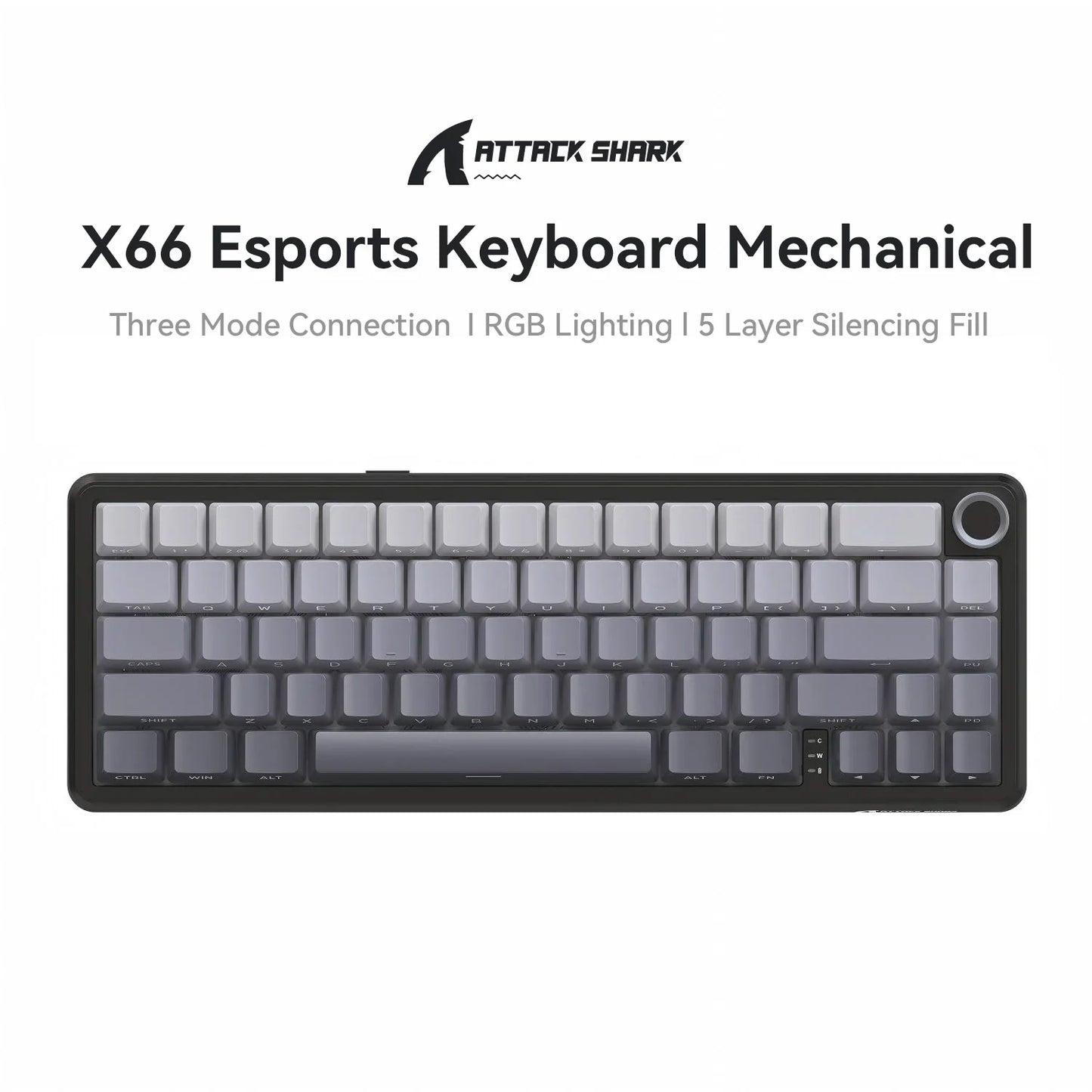 Attack Shark X66 Tastiera meccanica wireless 65% layout compatto, retroilluminazione RGB, gasket mount, hot swap, Bluetooth, USB-C, PBT, batteria ad alta capacità