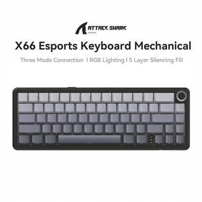 Attack Shark X66 Tastiera meccanica wireless 65% layout compatto, retroilluminazione RGB, gasket mount, hot swap, Bluetooth, USB-C, PBT, batteria ad alta capacità