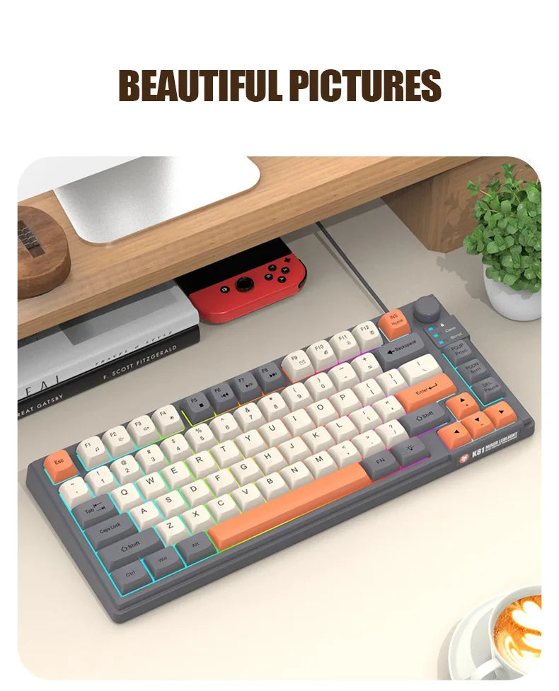 Teclado Gaming K81 com 81 Teclas, Layout 80%, Espanhol, Russo, Coreano e Árabe, USB com Fio, Luz RGB, Botão de Volume, Ergonómico