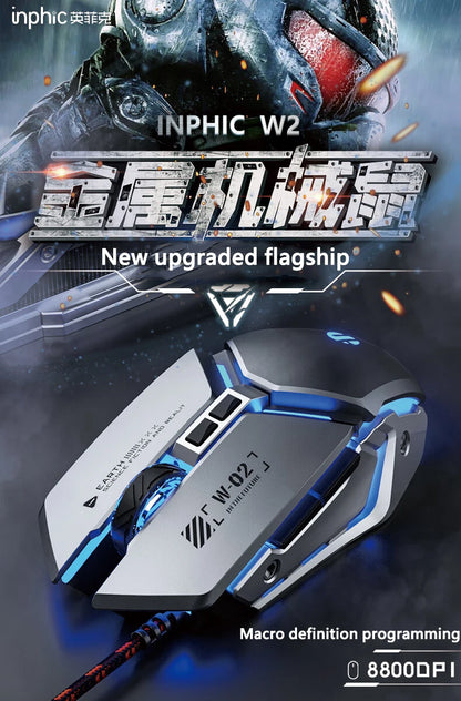 Inphic W2 2. Generation USB-kabelgebundene Gaming-Maus mit Silent Click, Metall-Style, 6-Tasten-Makroprogrammierung, 8800DPI