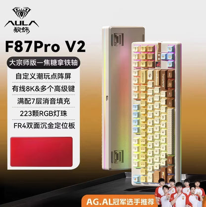 Teclado Mecânico AULA F87 Pro V2, 3 Modos Sem Fios, Bateria de Longa Duração 12000mAh, Hot-Swap, RGB Personalizável, Teclado E-Sports para PC Gaming