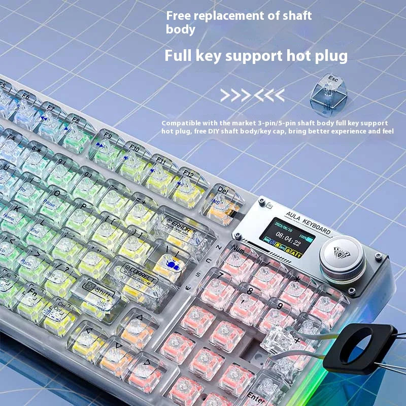 AULA F98PRO Wireless Mechanical Keyboard Transparent Keycaps RGB Backlit Custom 2.4G Hot Swappable Gaming Keyboard With Screen
