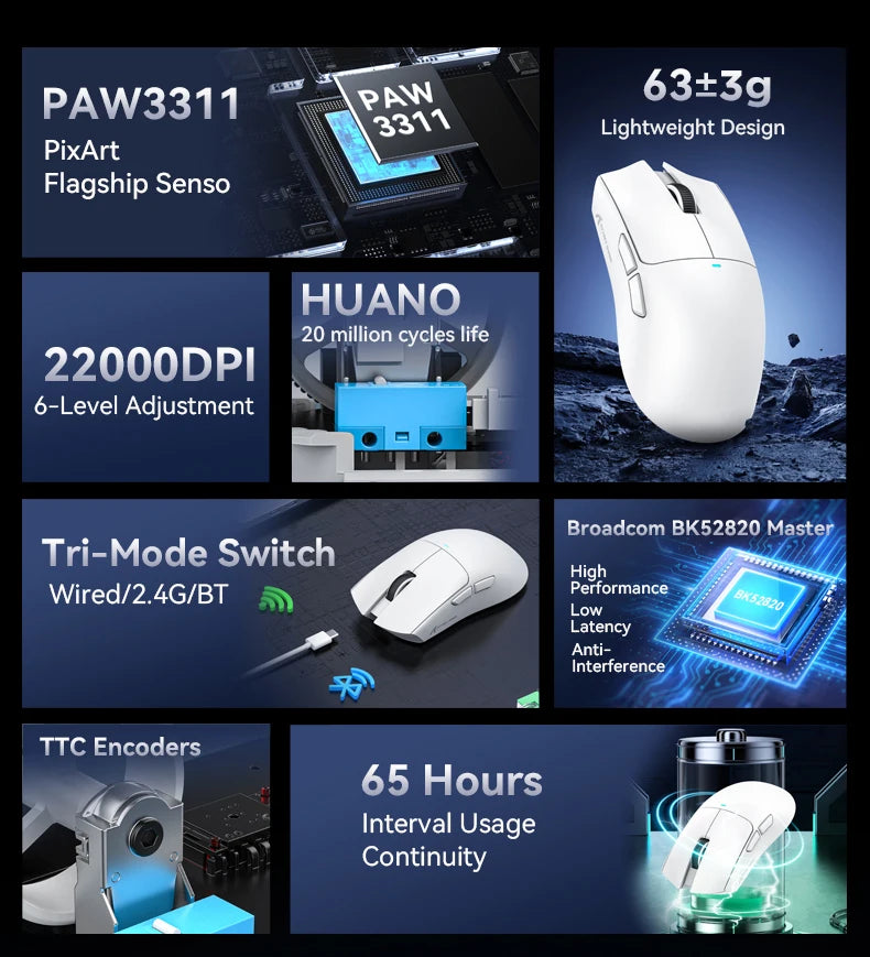 ATTACK SHARK X11 X11 SE Wireless Gaming Mouse 22K DPI PAW3311 63g Lightweight Tri-Mode Bluetooth/2.4G/Wired 20M Clicks RGB