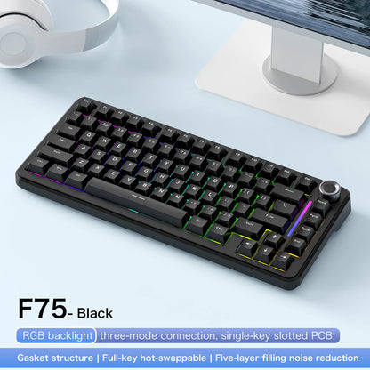 F75 Mechanical Keyboard FREEWOLF 81 Keys Layout Metal Knobs PBT Keycaps,Fully Hot-swappable Keys RGB Multi-color Backlighting
