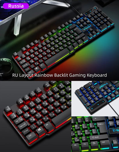 Teclado gaming com sensação mecânica, retroiluminado RGB, com fios, USB, para escritório e casa, com teclas multimédia, russo, espanhol, árabe e inglês