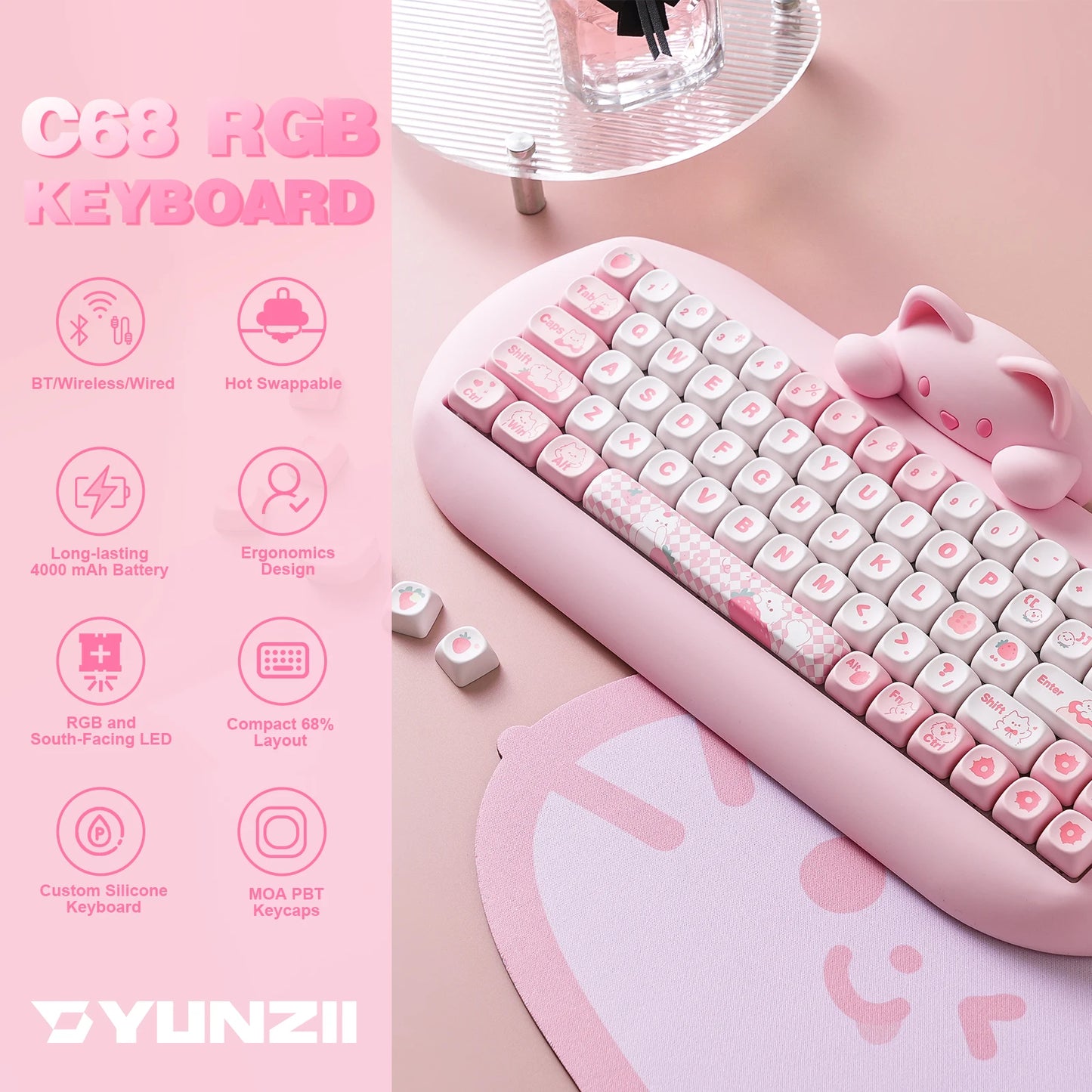 YUNZII C68 Pink 65% Hi-Fi Cute Cat Silicone Hot Swap NKRO Ergonomic Wireless BT5.0/2.4G/Wired RGB Mechanical Gaming Keyboard