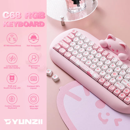 YUNZII C68 Pink 65% Hi-Fi Cute Cat Silicone Hot Swap NKRO Ergonomic Wireless BT5.0/2.4G/Wired RGB Mechanical Gaming Keyboard