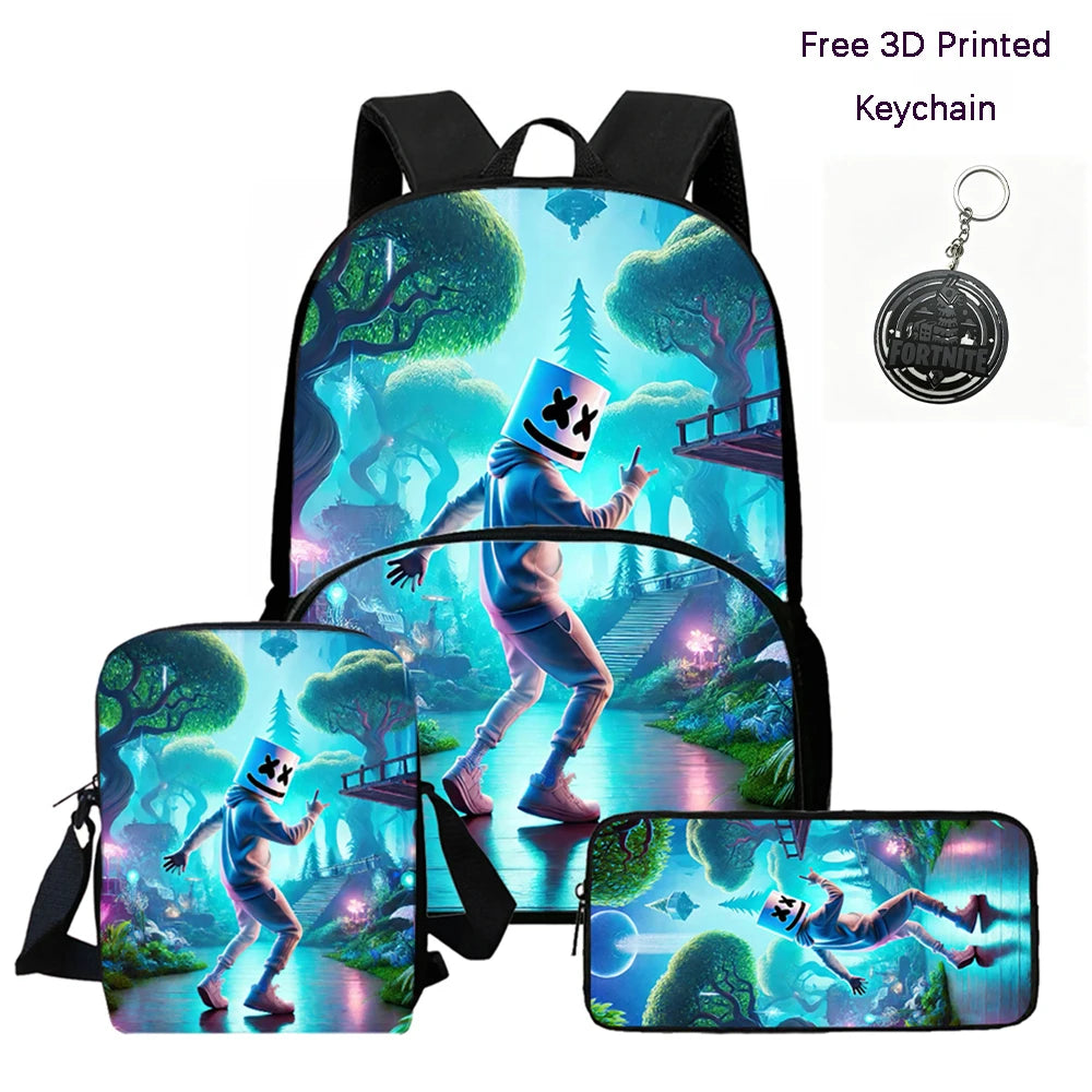 FORTNITE 3Pcs Lightweight Backpack With Front Pocket,Crossbody Bag&Pencil Case For Age 6-10 Boys Girls,Free 3D Printed Keychain