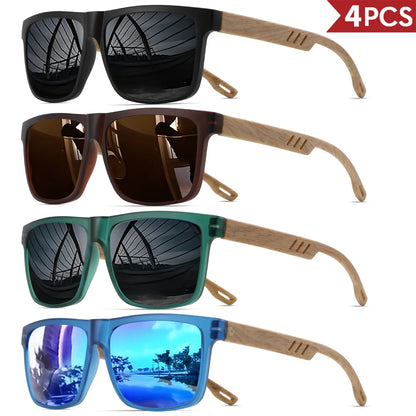 4PCS Wood Grain Spring Hinge Sunglasses - Classic Retro Square Frame, UV400 Unisex Comfort Fit for Daily Casual Wear