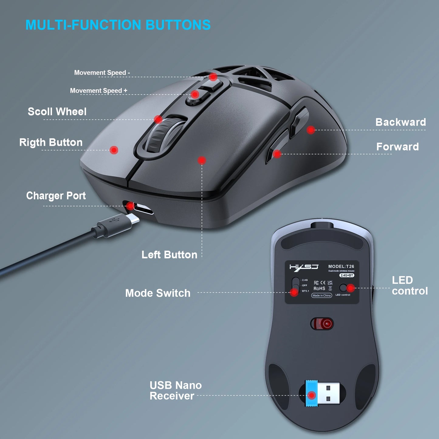 Ratón gaming HXSJ T26 de doble modo 2.4G+BT5.1, inalámbrico para portátil, 4800DPI ajustables, óptico, ergonómico para gamer