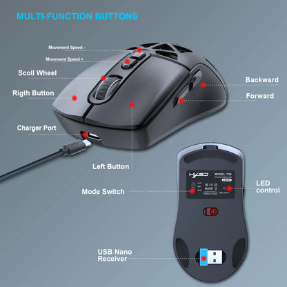 Ratón gaming HXSJ T26 de doble modo 2.4G+BT5.1, inalámbrico para portátil, 4800DPI ajustables, óptico, ergonómico para gamer