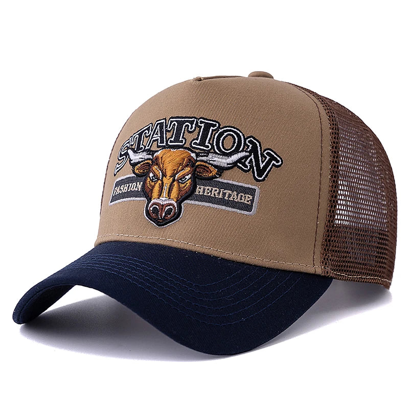 Unisex Summer Breathable Mesh Trucker Hat Bulls Head Pattern Baseball Cap Adjustable Snapback Hats For Men And Women