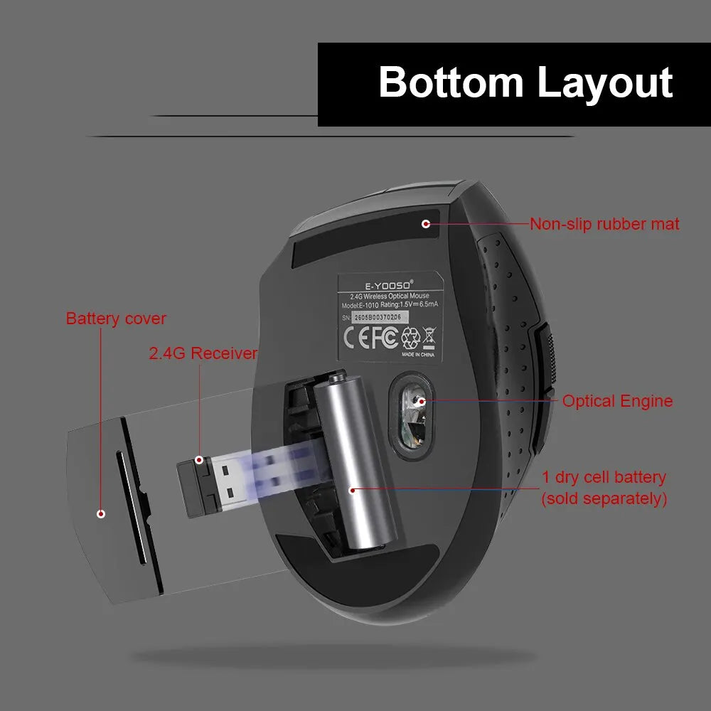 Rato E-YOOSO E-1010 USB 2.4G sem fios para gaming e escritório, 2400 DPI, ótico, ergonómico, para portátil, PC e computador