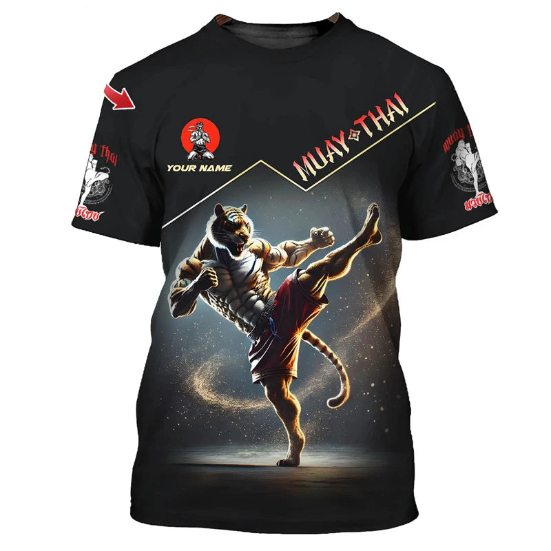 Cool nieuw Muay Thai grafisch T-shirt voor heren, 3D-print met tijger- en drakendesign, persoonlijk T-shirt met aangepaste naam, zomer-, gym- en fitness-T-shirt
