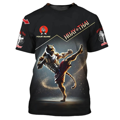 Cool nieuw Muay Thai grafisch T-shirt voor heren, 3D-print met tijger- en drakendesign, persoonlijk T-shirt met aangepaste naam, zomer-, gym- en fitness-T-shirt