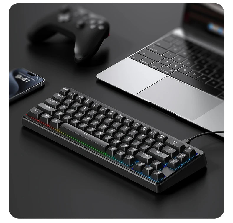 FREEWOLF M68SE Teclado Mini com Fio de 68 Teclas, Retroiluminação RGB, Type-C, Layout 68%, Compacto para Gaming, Escritório, PC e Portátil