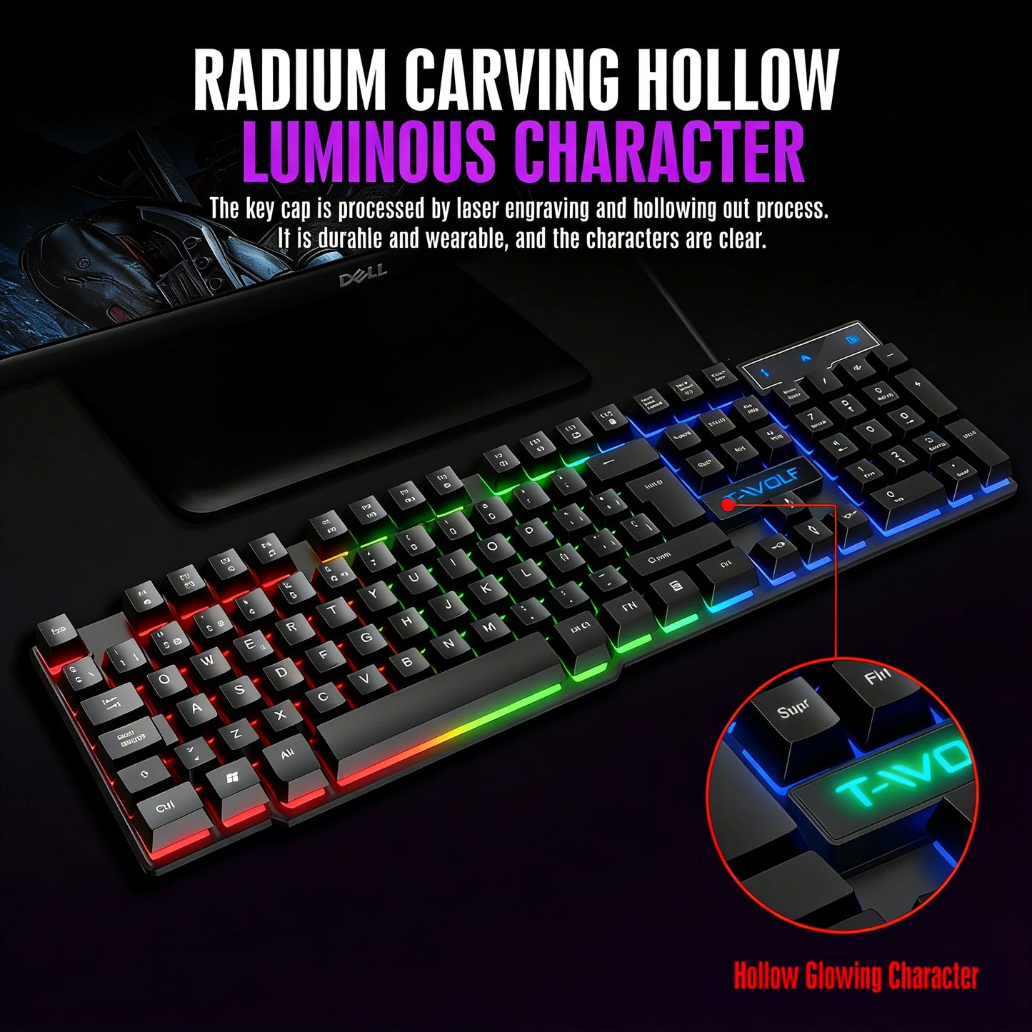 Teclado gaming com sensação mecânica, retroiluminado RGB, com fios, USB, para escritório e casa, com teclas multimédia, russo, espanhol, árabe e inglês