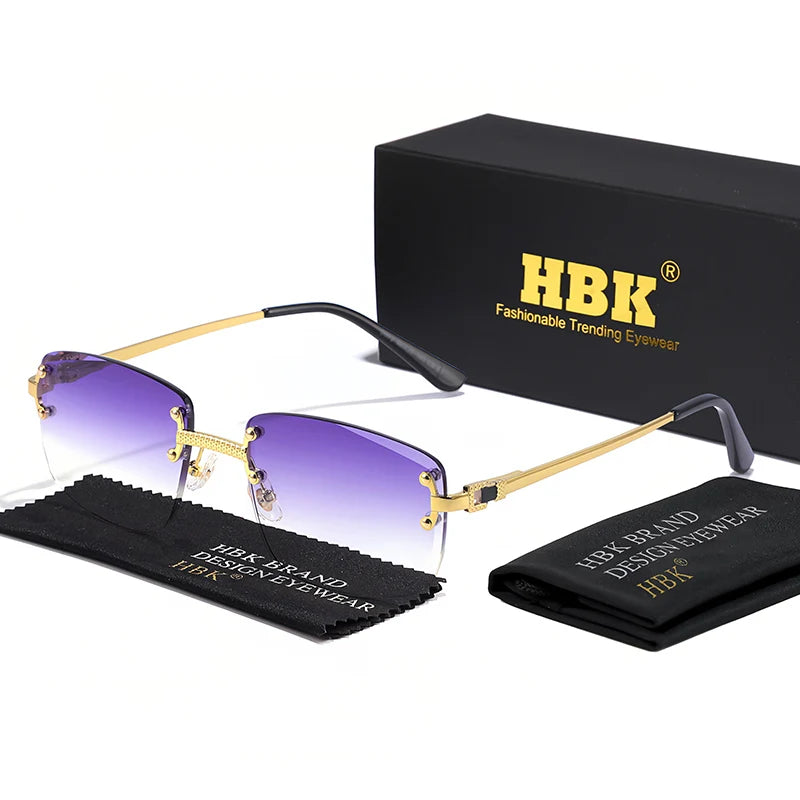 HBK Square Rimless Sunglasses Women TOP Quality Retro Metal Sun Glasses Men Luxury Party Business Gradient Shades 2024
