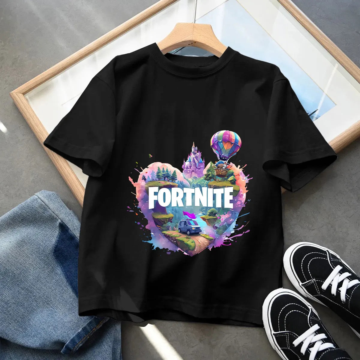 T-shirt preta em algodão para criança Fortnites Fortress Night, manga curta, estilo cartoon, para menino e menina, roupa de verão kawaii, top para oferta