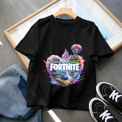 T-shirt preta em algodão para criança Fortnites Fortress Night, manga curta, estilo cartoon, para menino e menina, roupa de verão kawaii, top para oferta