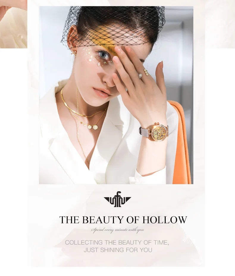 OUPINKE 3175 Women Watches Luxury Elegant Skeleton Automatic Mechanical Watches For Woman 50M Waterproof Bracelet Necklace Set