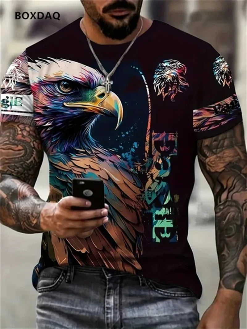 Camisetas para hombre Fashion Eagle, corte holgado, cuello redondo, tops casuales de manga corta con estampado 3D de animal, camiseta streetwear, talla grande 6XL, transpirable