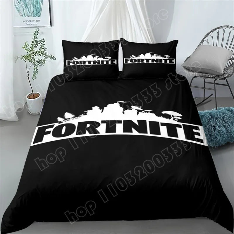 Fortnite-Bettwäsche-Set, 3-teilig, 3D-Druck, Bettwäsche für Schlafzimmer, Gaming-Cartoon-Dekor, Bettbezug und Kissenbezug, Geburtstagsgeschenk