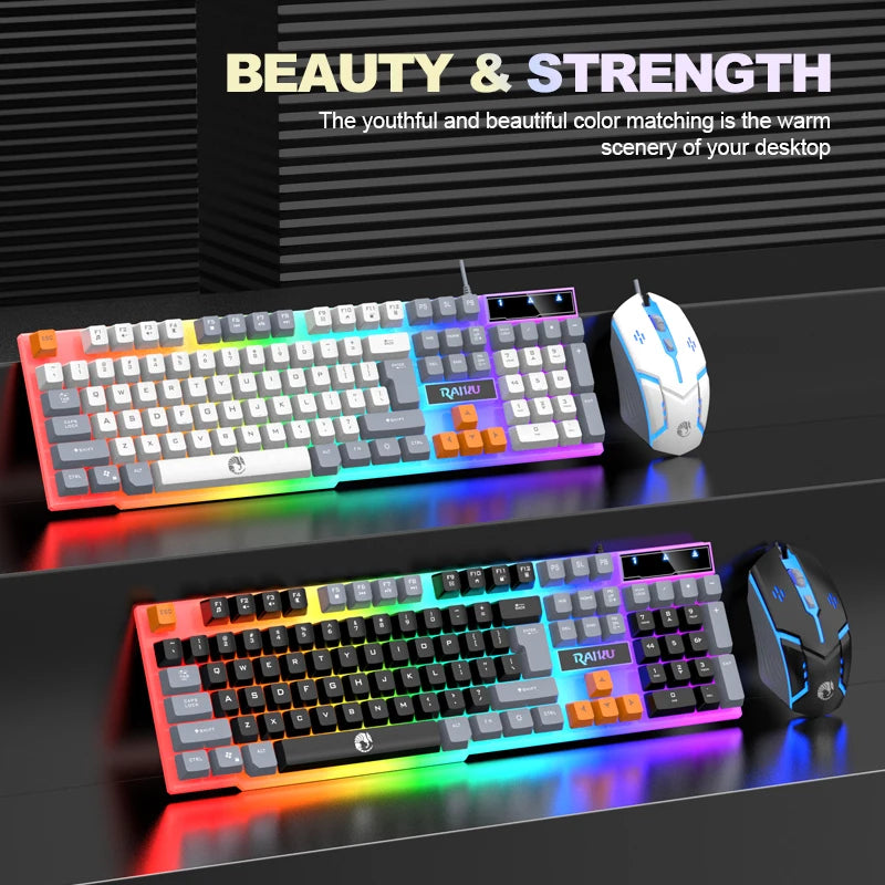 Teclado individual e conjunto teclado + rato RAIKU T26 de três tons com iluminação, teclado e rato com fios, toque mecânico, conjunto gaming