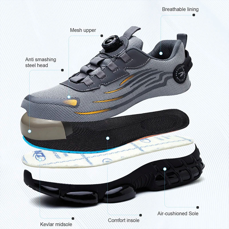 Baskets de travail à boucle rotative, chaussures de sécurité de protection, Anti-perforation, Anti-écrasement, bout en acier, bottes de travail pour hommes