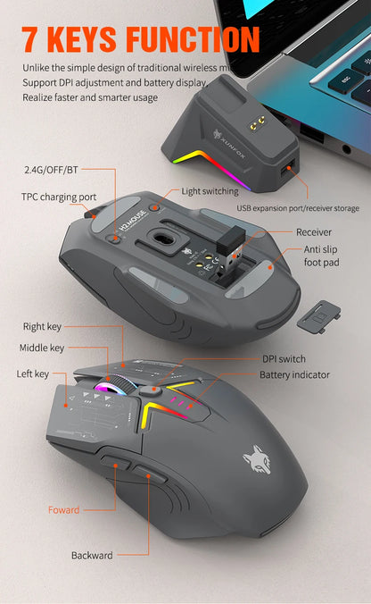 Rato XUNSVFOX H2 sem fios Bluetooth de modo duplo, iluminação RGB, para portátil, gaming e escritório, com carregamento magnético