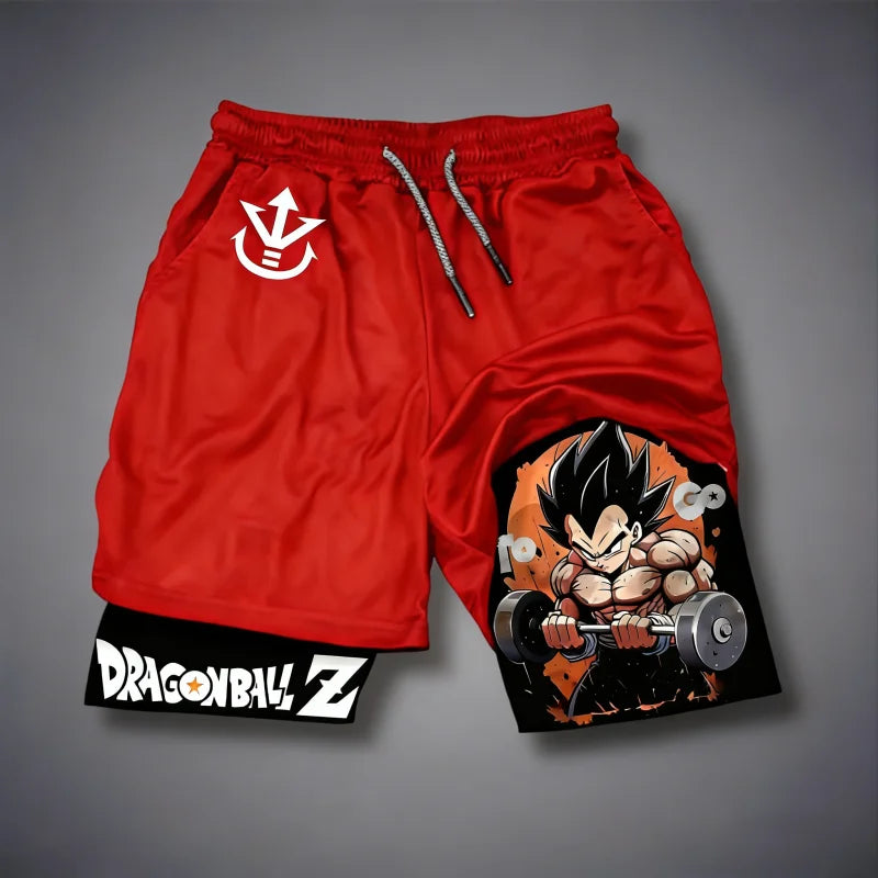 2026 Summer Dragon Ball Double Layer Sports Shorts for Men, Vegeta Gym Print, Quick Dry Fitness Workout Shorts, Oversized Y2k