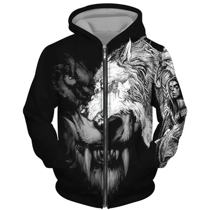 Sweat à capuz com fecho e estampado 3D de lobo, estilo streetwear, para homem/mulher, casaco com capuz unissexo casual hip-hop