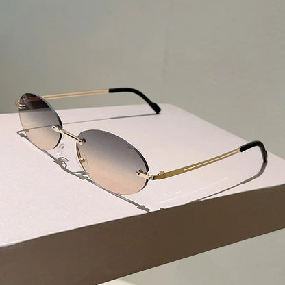 Rimless Oval Sunglasses Women 2026 Luxury Brand Vintage Small Frame Gold Metal Gradient Lens Y2K Punk Streetwear Fashion Eyewear