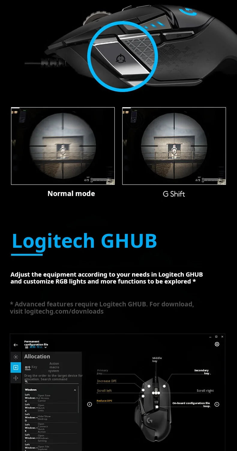 Mouse da gaming con cavo Logitech G502 HERO E-Sports, mouse meccanico RGB con bilanciamento regolabile, macro programmabili per Battle Royale