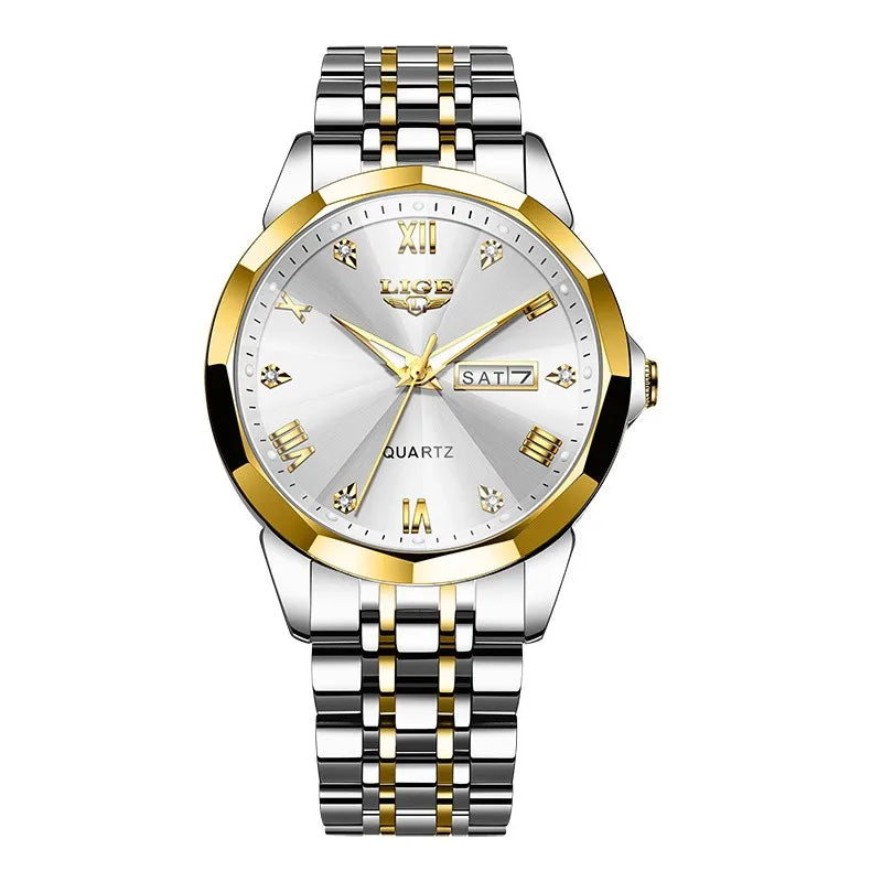 Montre-bracelet à quartz pour femme LIGE – Élégante et luxueuse, affichant la date et le jour de la semaine – Montre simple et étanche, idéale comme cadeau pour femme