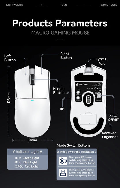 ATTACK SHARK X11SE kabellose Gaming-Maus, Tri-Mode, 63g Superlight mit PAW3311-Sensor, 22000 DPI, 300mAh Akku, Dual Driver