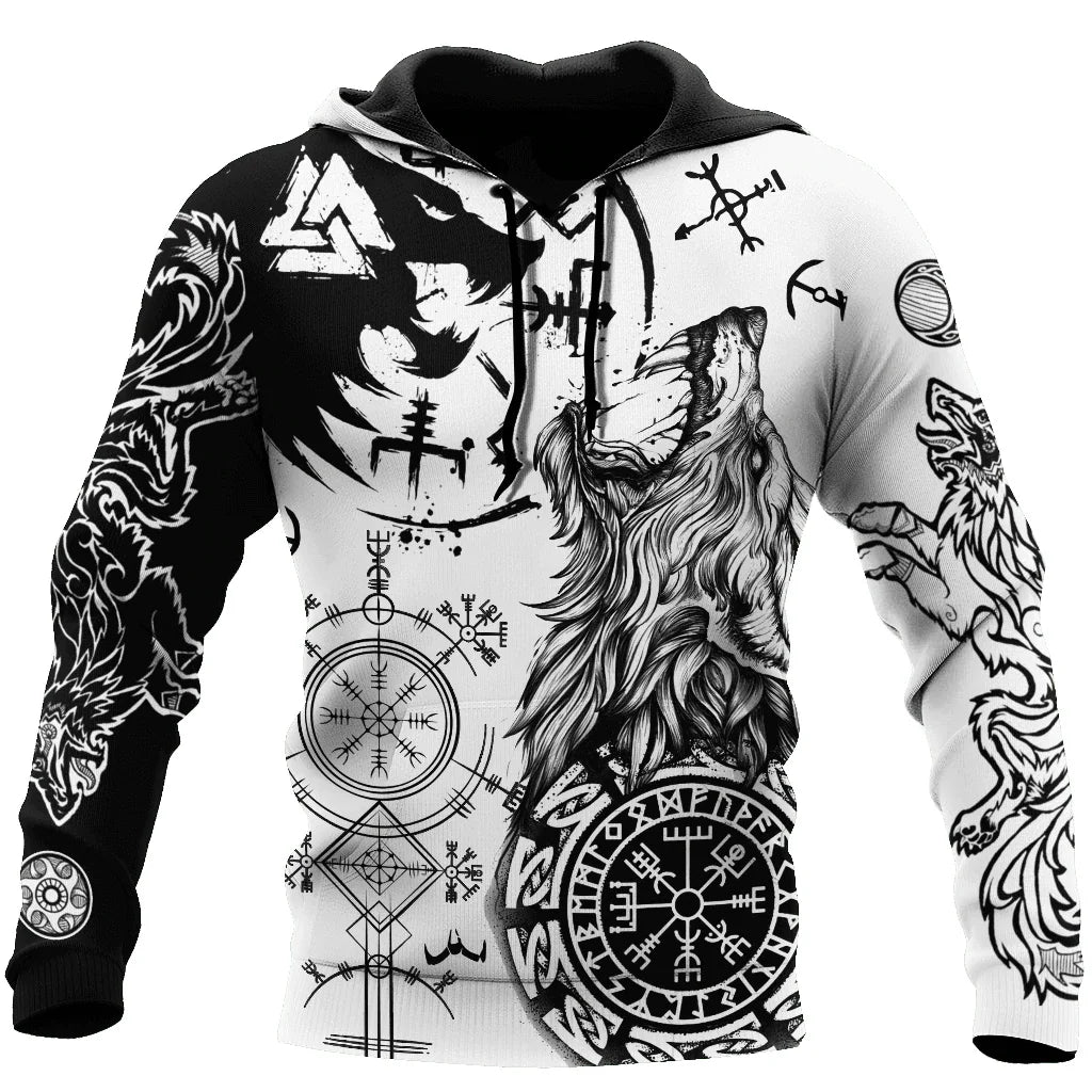 Neuer Wolf-Tattoo-Vegvisir Schwarz-Weiß 3D-Allover-Print Herren-Hoodie & Sweatshirt Unisex Casual Herbst-Trainingsanzug