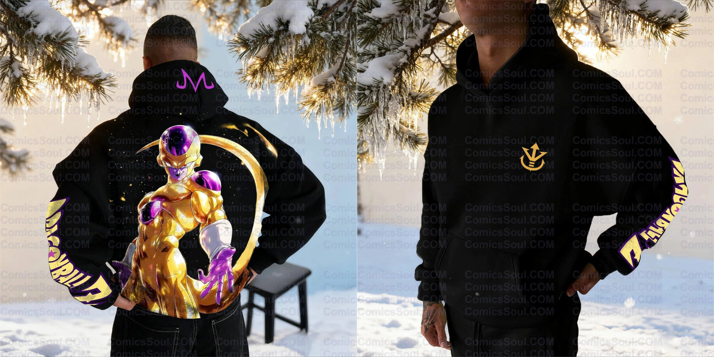 Conjunto de sweatshirt com capuz preta Dragon Ball Z Frieza Forma Dourada, estampado nas costas com efeito de energia roxa, sweatshirt de algodão com design de logótipo M