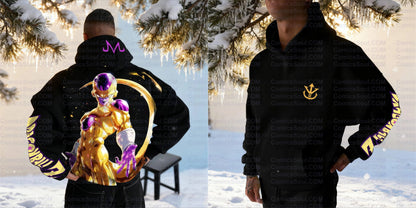 Conjunto de sweatshirt com capuz preta Dragon Ball Z Frieza Forma Dourada, estampado nas costas com efeito de energia roxa, sweatshirt de algodão com design de logótipo M