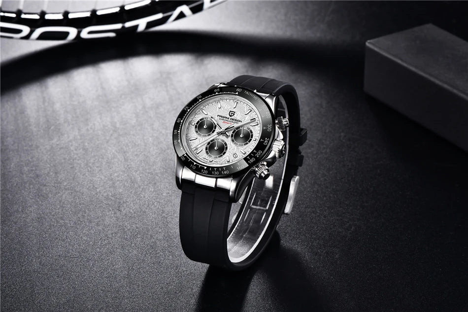 PAGANI DESIGN V2 40MM Herrenuhr mit Meteorit-Zifferblatt, Quarzwerk, Saphirglas, Retro-Chronograph, wasserdichte Uhr für Herren