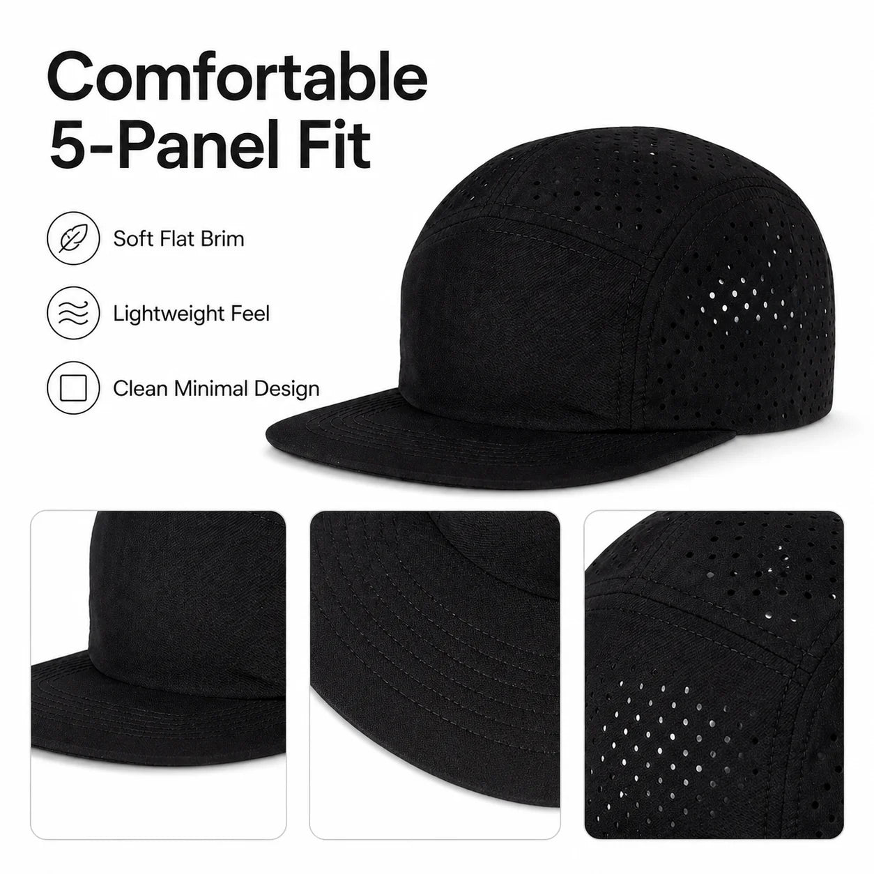 Quick-Dry 5 Panel Running Cap Laser Cut Perforated Breathable Sport Hat Ultra-Lightweight Soft Top Baseball Cap for Men Women
