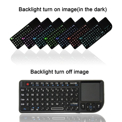 Teclado sem Fios A8 Mini 2.4G com Retroiluminação em 7 Cores, 3 em 1, Teclado Portátil com Touchpad e Air Mouse para Android TV Box, PC e Tablet
