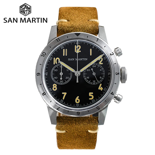 San Martin Vintage Men Quartz Watch Pilot VK64 Chronograph Watches Waterproof Luminous Quick Release Leather Strap SN0127