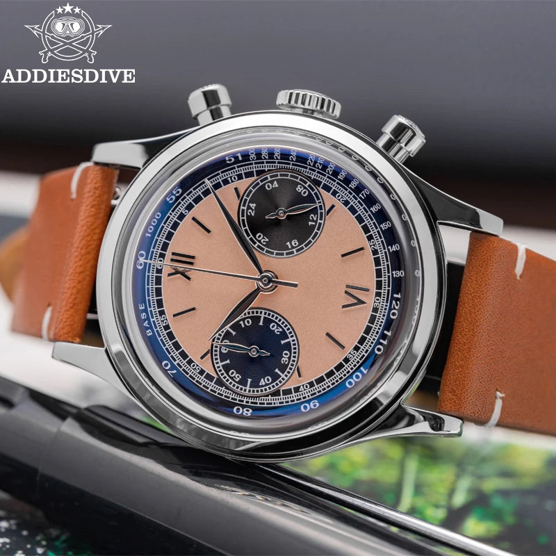ADDIESDIVE AD2037 Men Quartz Watch Multifunctional 24 Hour Chronograph Black Dial Leather Watches 100m Dive Business Wristwatch