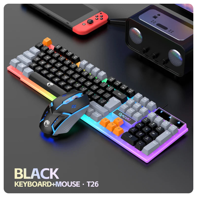 Teclado individual e conjunto teclado + rato RAIKU T26 de três tons com iluminação, teclado e rato com fios, toque mecânico, conjunto gaming